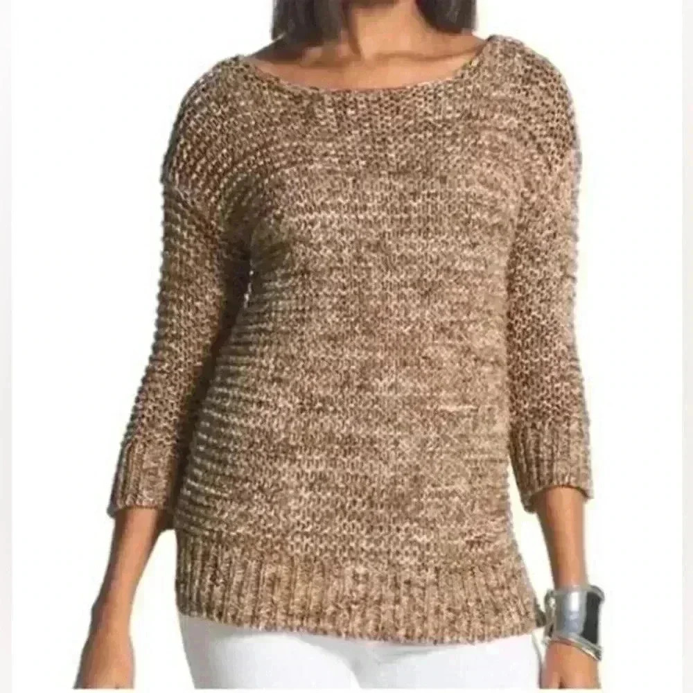 Chico's Sweater 0 Women's S Textured Sherri Pullover Neutral Marled Knit
